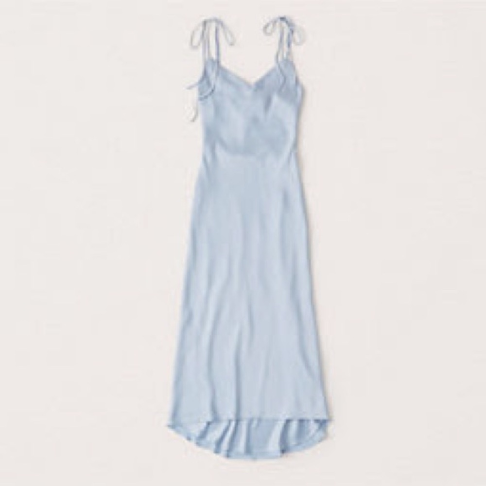 Blue satin Abercrombie and Fitch midi dress with tie straps- worn once